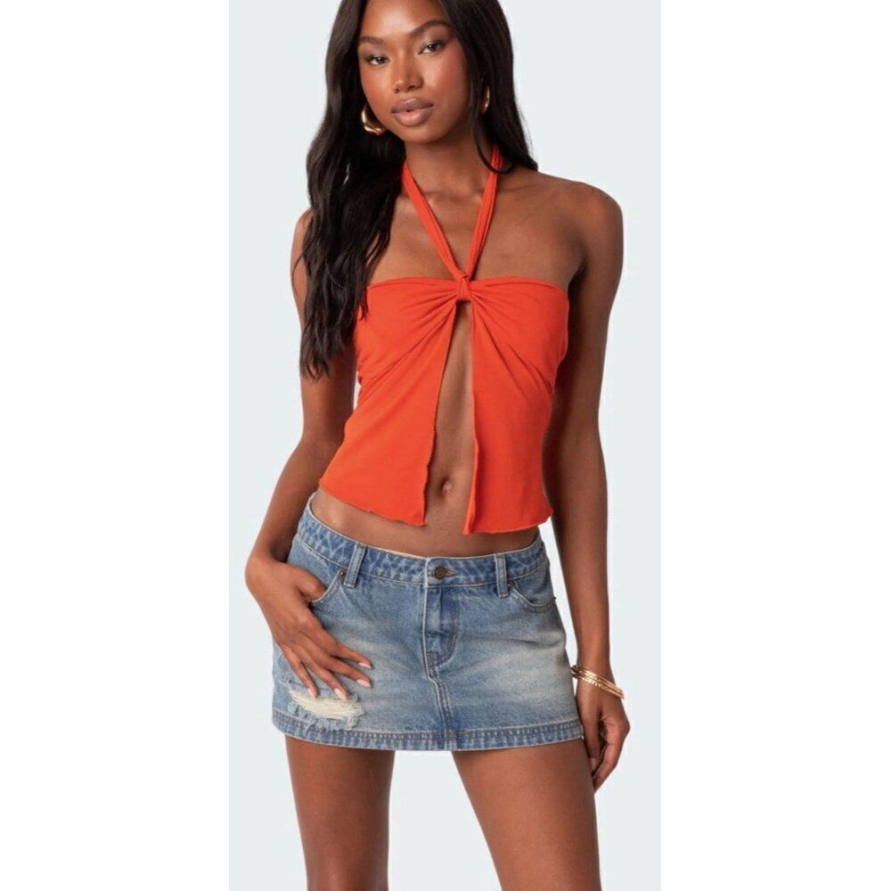 Edikted Julia Split Front Top Solid Orange Tank Halter Crop Xs